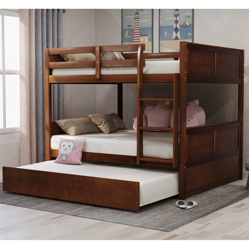 Wooden furniture double wooden children double bed with ladder guardrail bedroom double loft bed