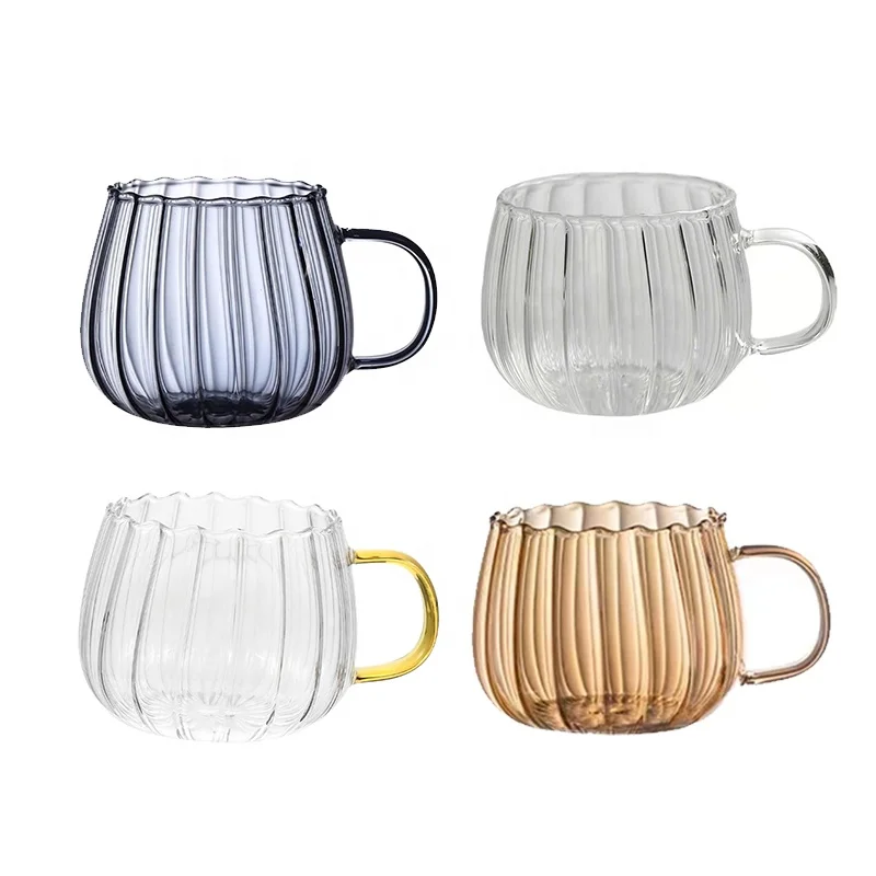 400ml Pumpkin Stripe Glass Cups Coffee Mugs with Handle Heat Resistant Glass Tea Cups Grey Glass Mugs for Milk Tea Soda Water