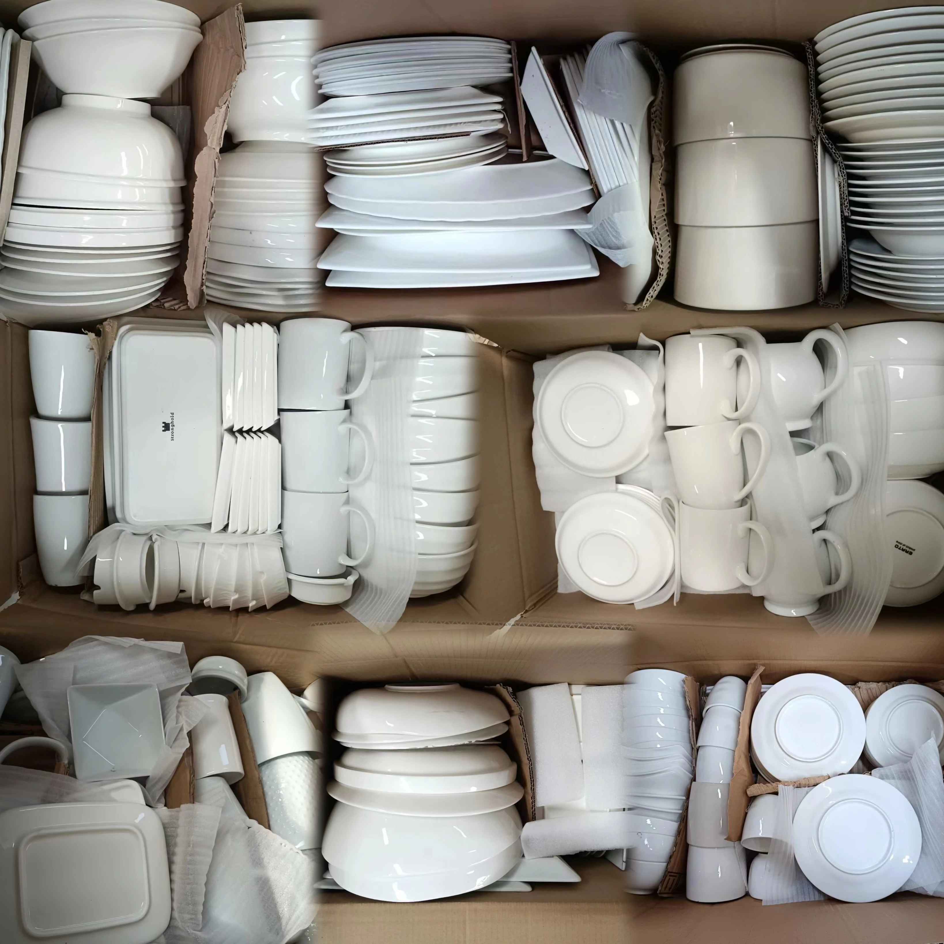 2024 Ceramic wholesale by cartons box white porcelain stock cheap dishes & plates bowls tableware with mixing packing dinner set