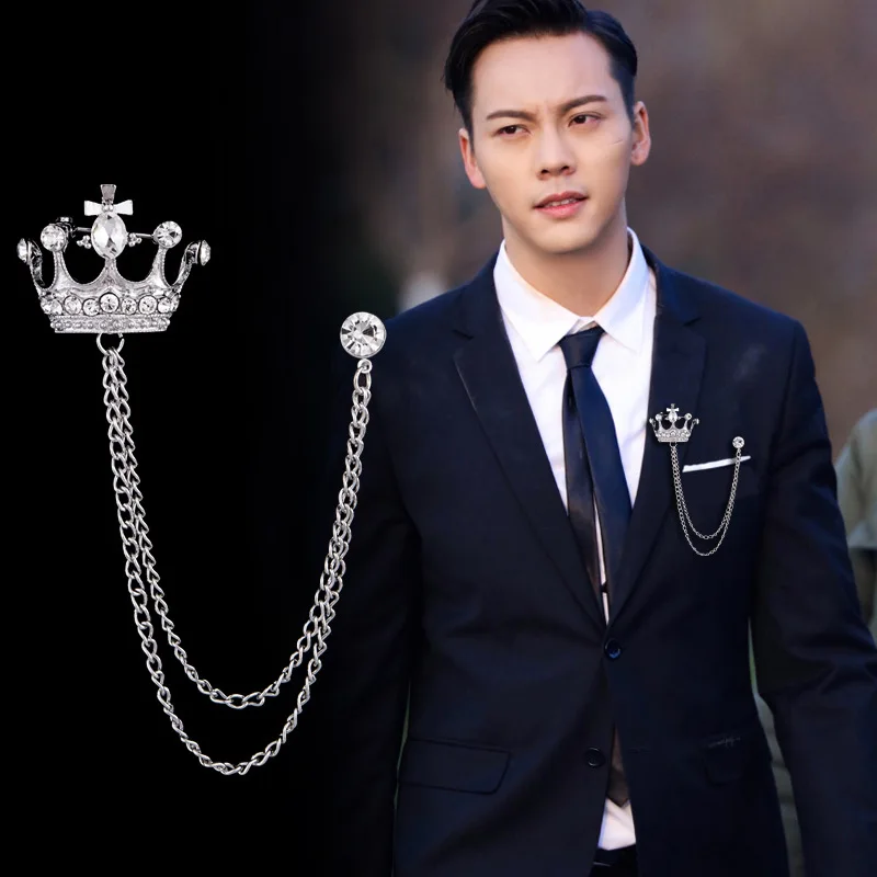 DIY jewelry badge Korean custom made crown brooch fahsion gold silver crystal tassel chain lapel pin brooch for mens suit