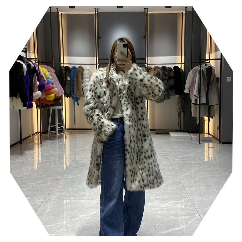 Janefur Winter Fur Coat Wear Korean Version Medium Length Design Spotted Long Sleeved Faux Fox Fur Coat With Pocket