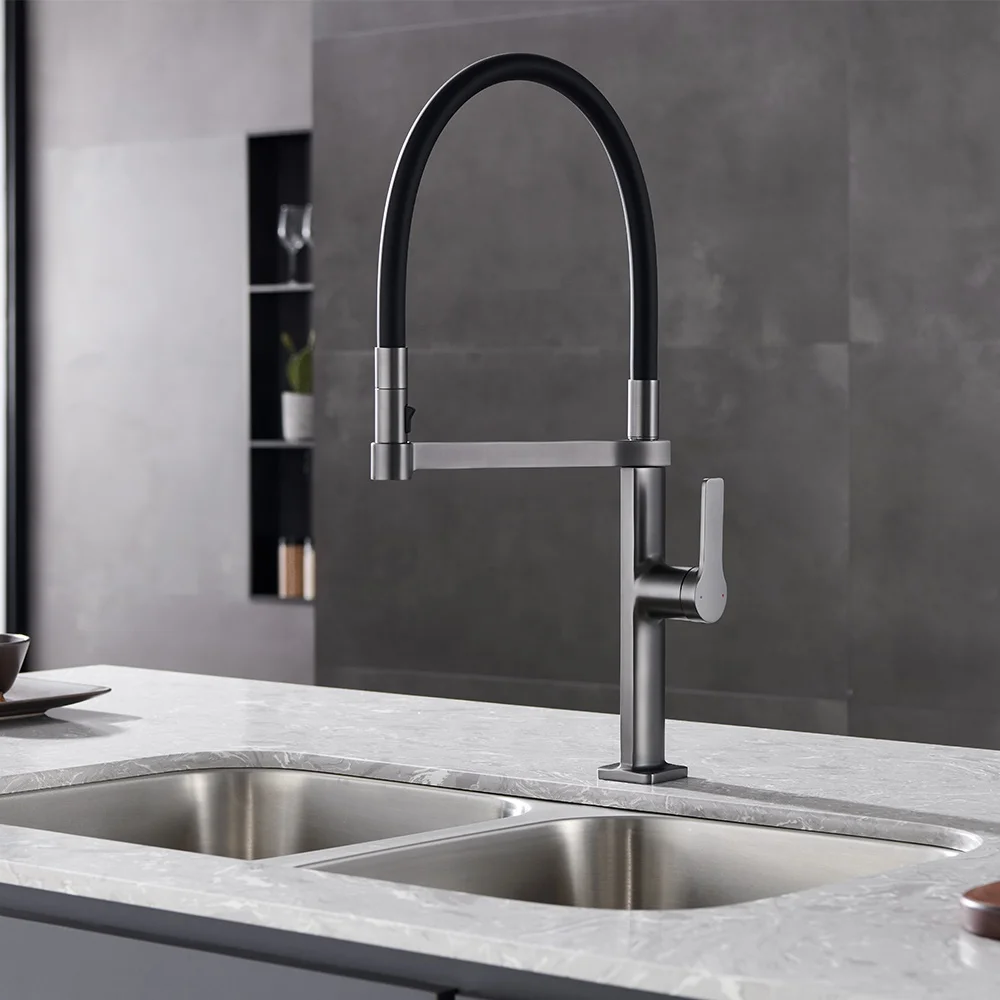 Contemporary lead free copper cool brushed gun grey color 2 way cold and hot water pull out kitchen sink mixer faucet