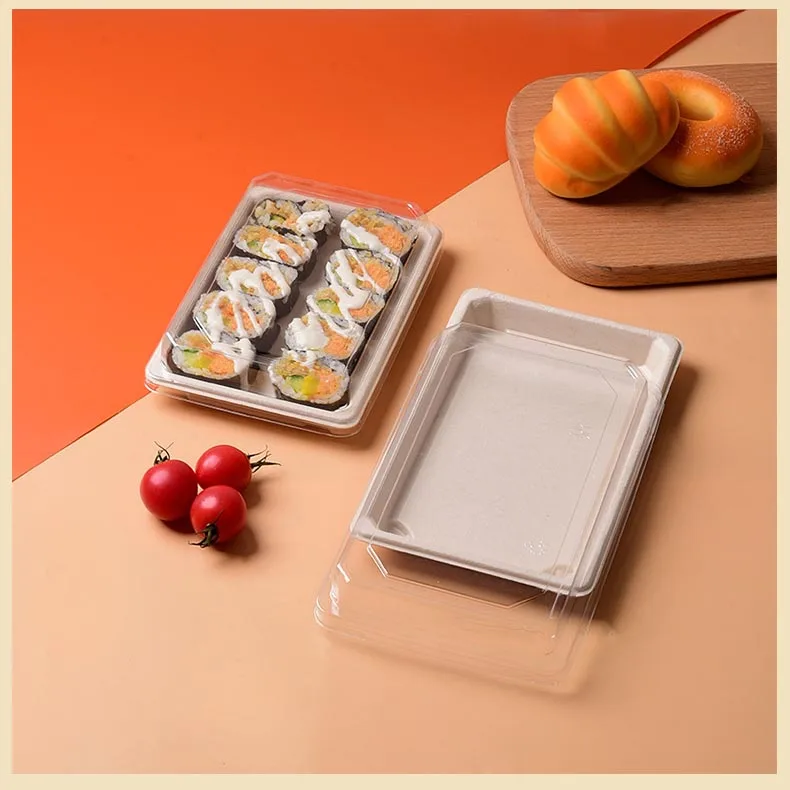 Biodegradable Disposable Dishes Sugarcane Bagasse Pulp Plates Meat Food Serving Trays  Disposable Trays