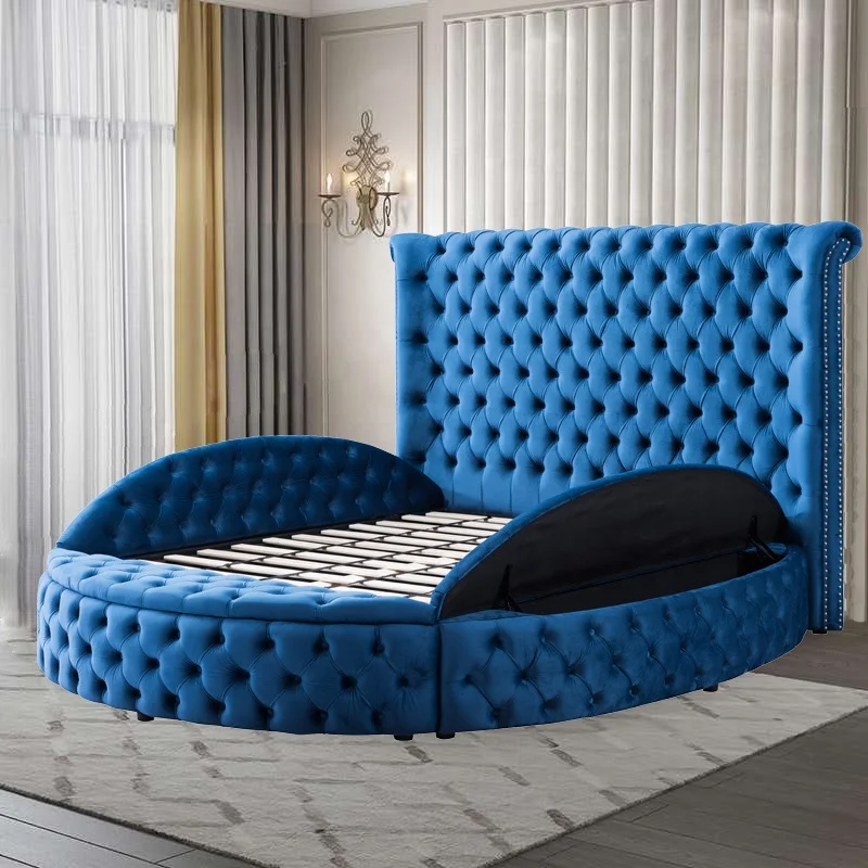 Dingzhi High Quality Bedroom Furniture Luxury High Headboard Blue King Fabric Camas Latest Modern Double Bed