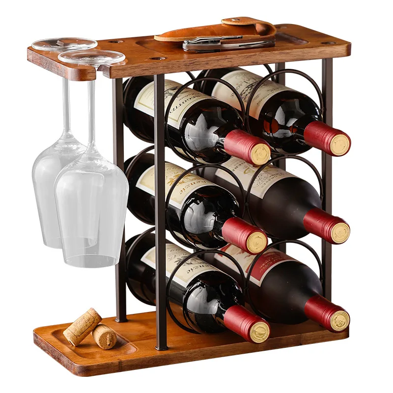 Minimalist antique metal wine display wine rack kitchen tabletop wine rack two hanging cups