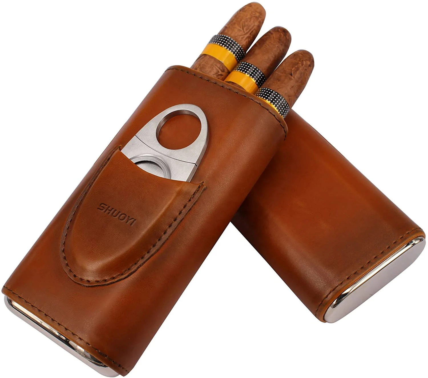 Luxury travel 3- finger brown leather cigar case Manufacturer custom wholesale cigar tube accessories with cigar cutter