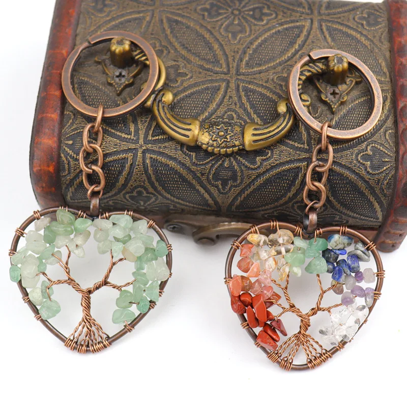 Diy High Quality Cheap Chip Stones Heart Design Tree of Life Keychain in Bulk