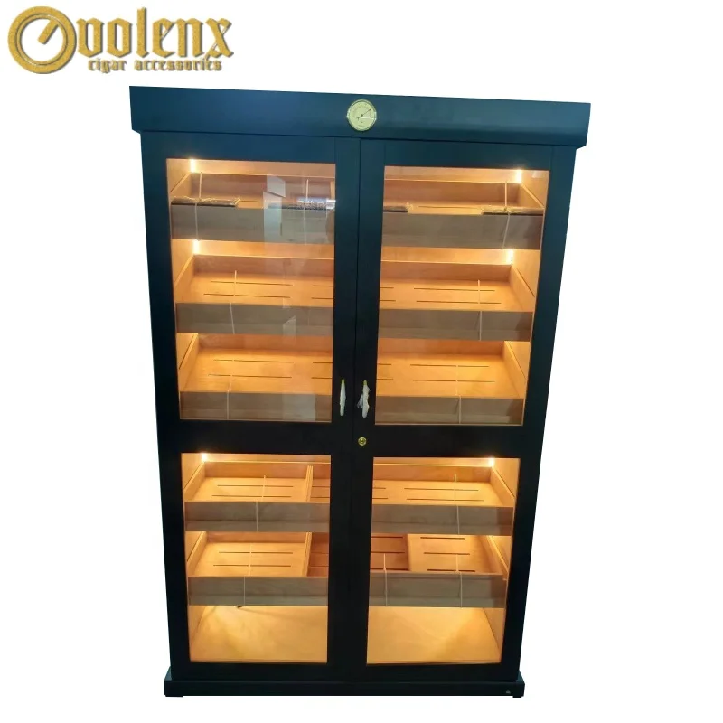 Double Door Led Light Cabinet Display Black Commercial Cigar 2 Door Humidor Cabinet