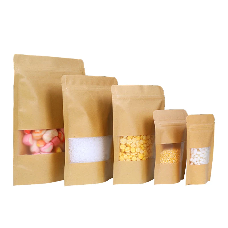Small Back Seal Bag Kraft Paper Bags With Window Food Packaging Bag Brown Jagged Style Granules Packaging Customized Candy Snack