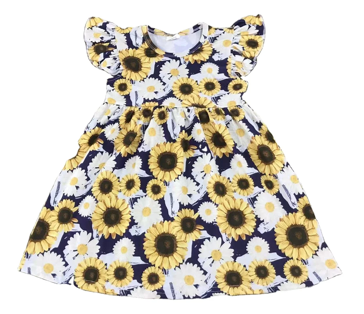 kids boutique clothing sunflower print children wear summer baby frock pearl dress girls dresses
