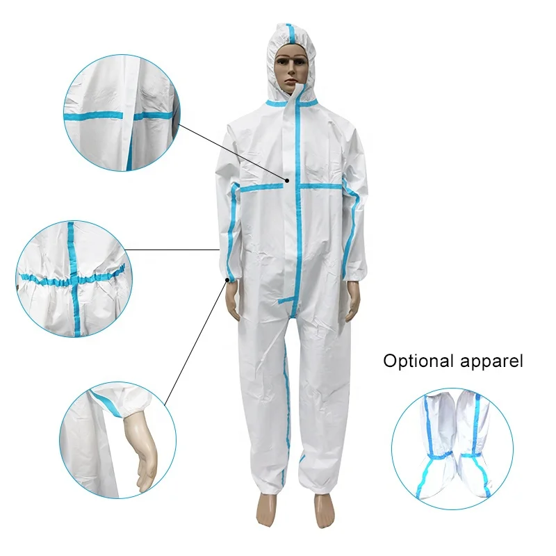 Waterproof 63GSM 65GSM Disposable Medical Protective Micro-porous Coverall with Hood Adult CE Polyethylene Clothes 3 Years HUB