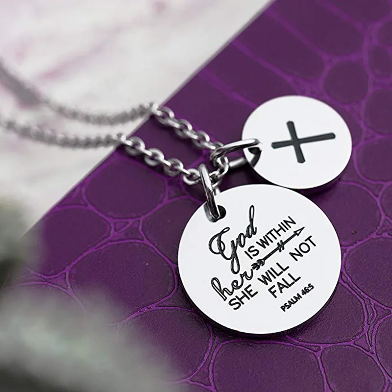 Bible Verse GOD IS WITHIN HER Titanium Steel Cross Pendant Necklace Prayer Stainless Steel Religious Necklace