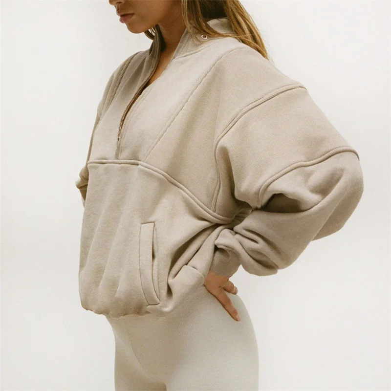 Custom Pullover Heavyweight Cotton Blank Cropped Half Zip Up Sweatshirt Women