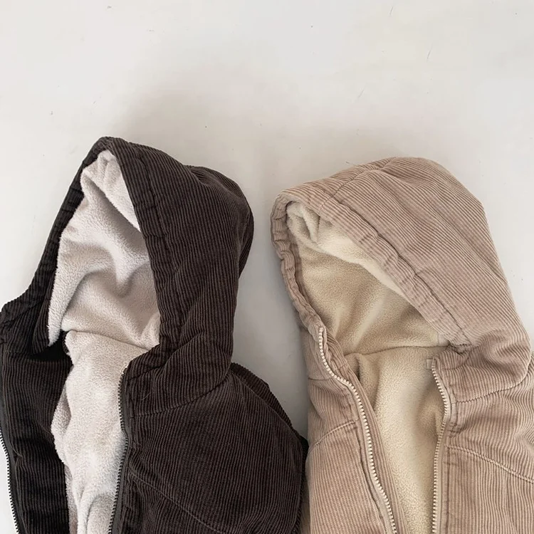 Top sales winter corduroy baby coat warm neutral kids jackets velvet baby hooded