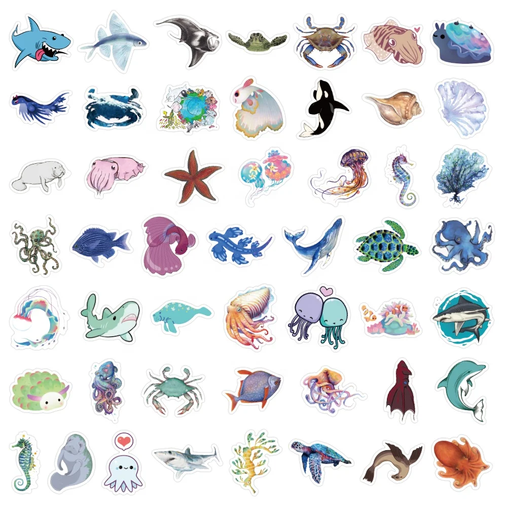 Marine animals Octopus stickers 50 cartoon cute graffiti waterproof refrigerator suitcase marine creatures shark student sticker