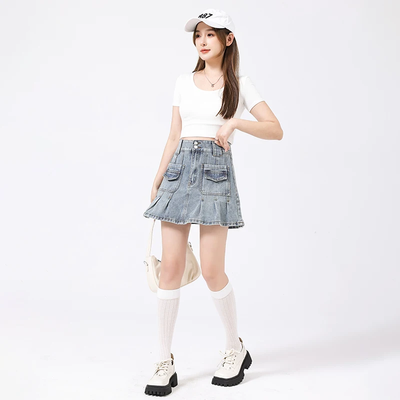 73% Cotton 18% Polyester 9% Viscose Pockets Manufacturer Wholesale Girls Straight Silhouette Sexy Denim Mini Skirt