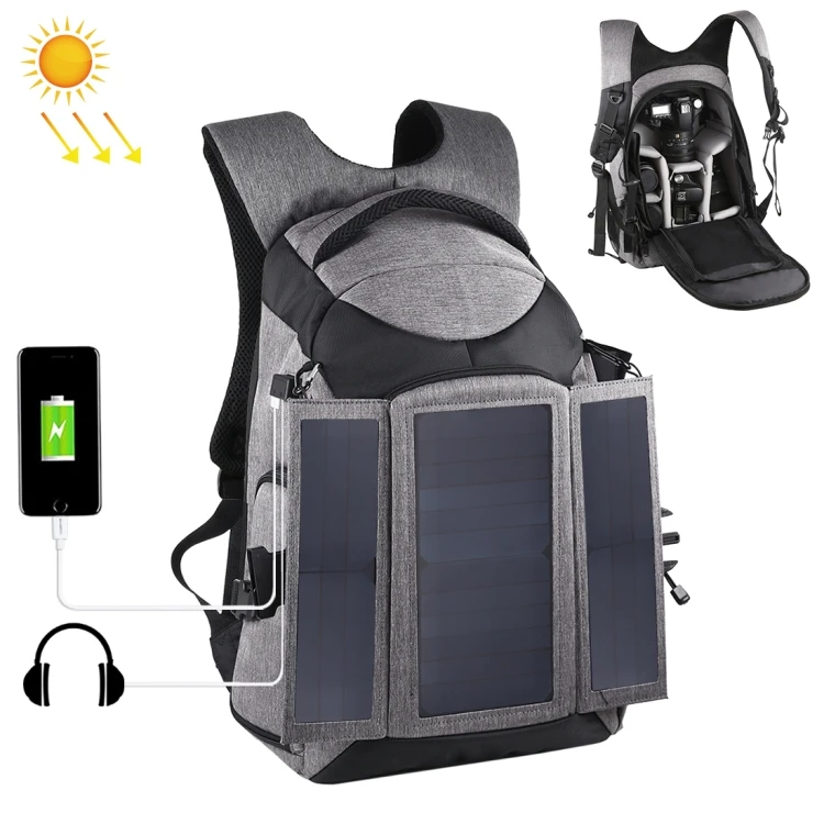  Wholesale OEM PULUZ 3-Fold 14W Solar Power Outdoor Portable Dual Shoulders Backpack Camera Bag with USB Port & Earphone