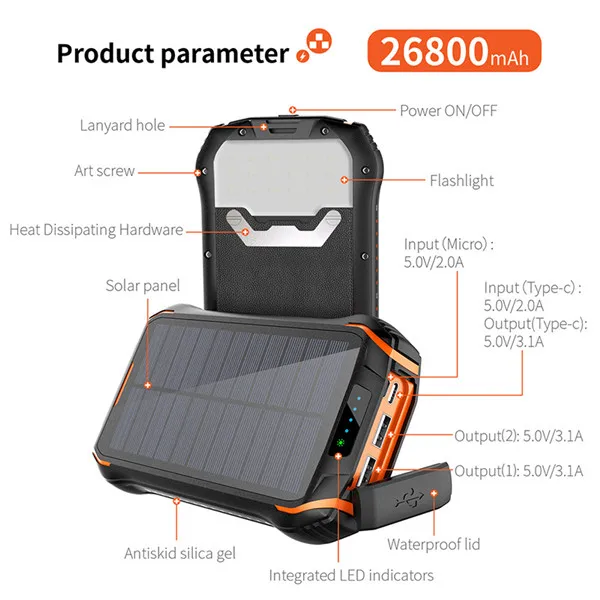 Qi Portable Charger Solar Power bank 26800 mAh External Battery Pack Type C Input Port Dual Flashlight