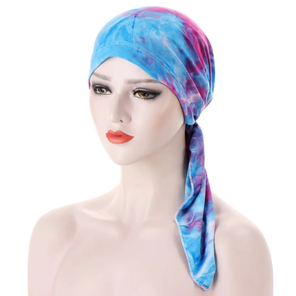 2021 new spring and autumn style curved two-tail scarf hat Muslim Baotou hat Floral cloth pullover scarf