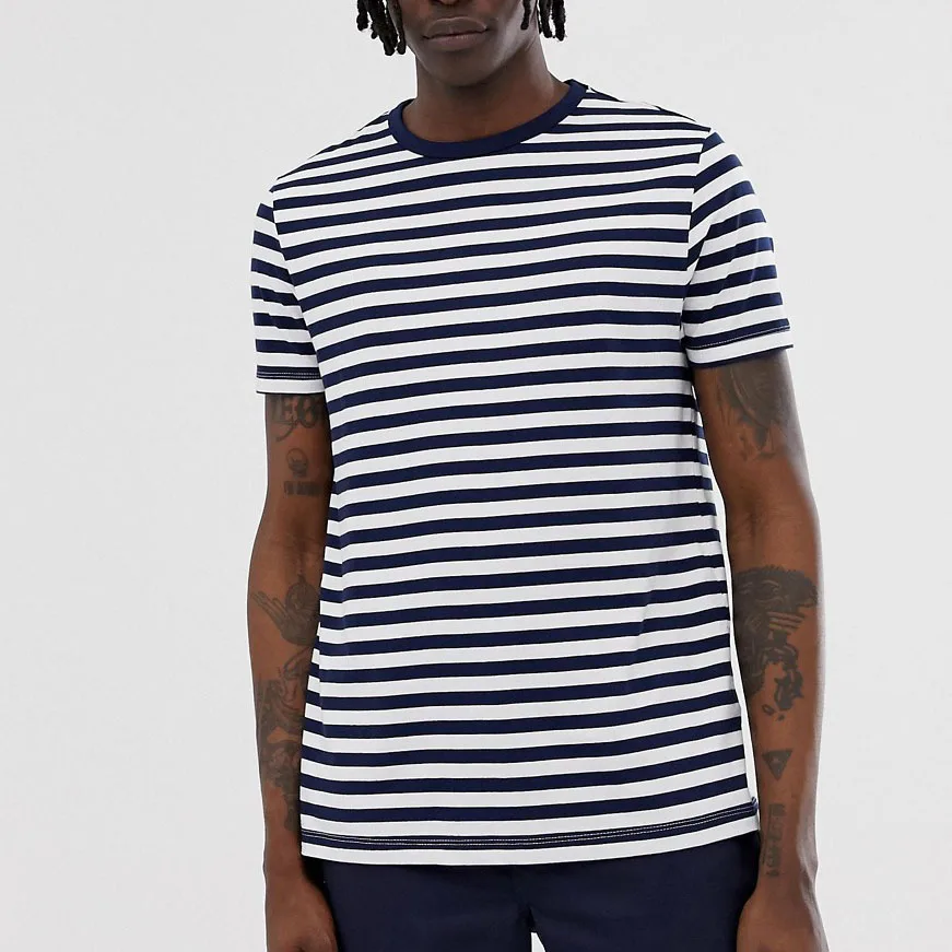 High quality 100% cotton regular fit crew neck short sleeve striped t shirt for men