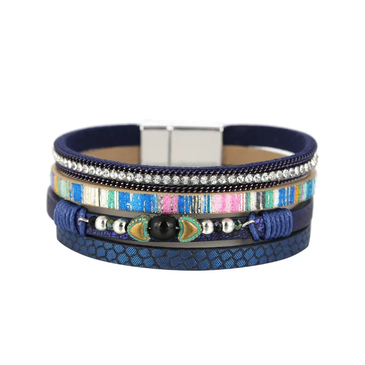 Amazon Hot Sale Multilayer Leather Bracelets with Magnetic Clasp Wide Mirco Pave Crystal Rhinestone Bohemian Wrap