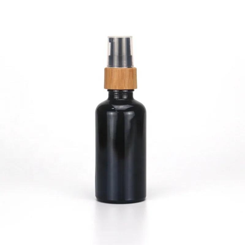 50 ml black glass bottle empty cosmetic serum bottle with bamboo pump 18/410 bamboo wooden spray