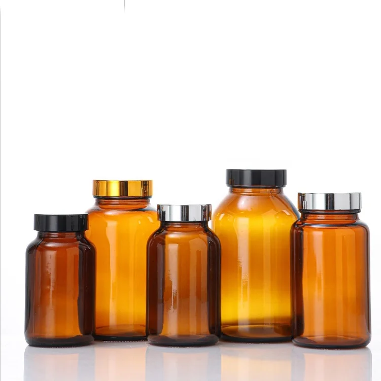 Luxury Pharmaceutical Supplement Bottle Wide Mouth Neck Empty Amber Packer Glass Tablets Jars for Powders and Pills Vitamin