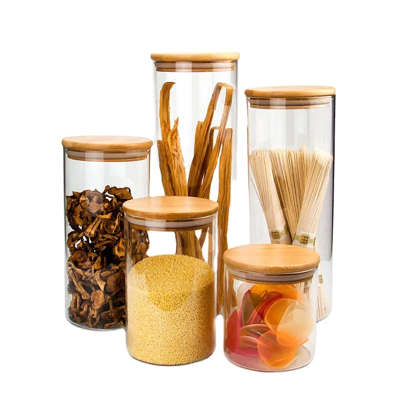 Custom Borosilicate Glass Storage Jar With Bamboo Lid For Tube Shaped Glass Storage Jar For Glass Spice Jar With Wooden Lid