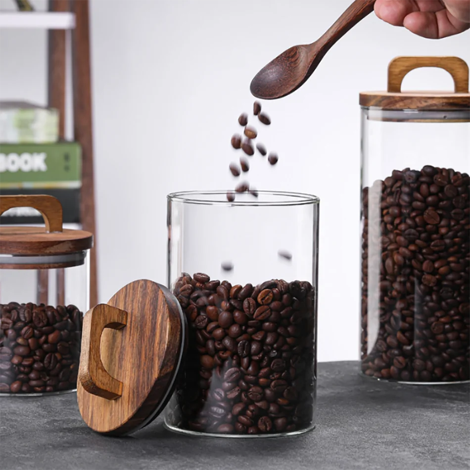 wholesale custom clear decorative stackable large high borosilicate tea coffe food airtight bamboo wooden lid jar glass canister