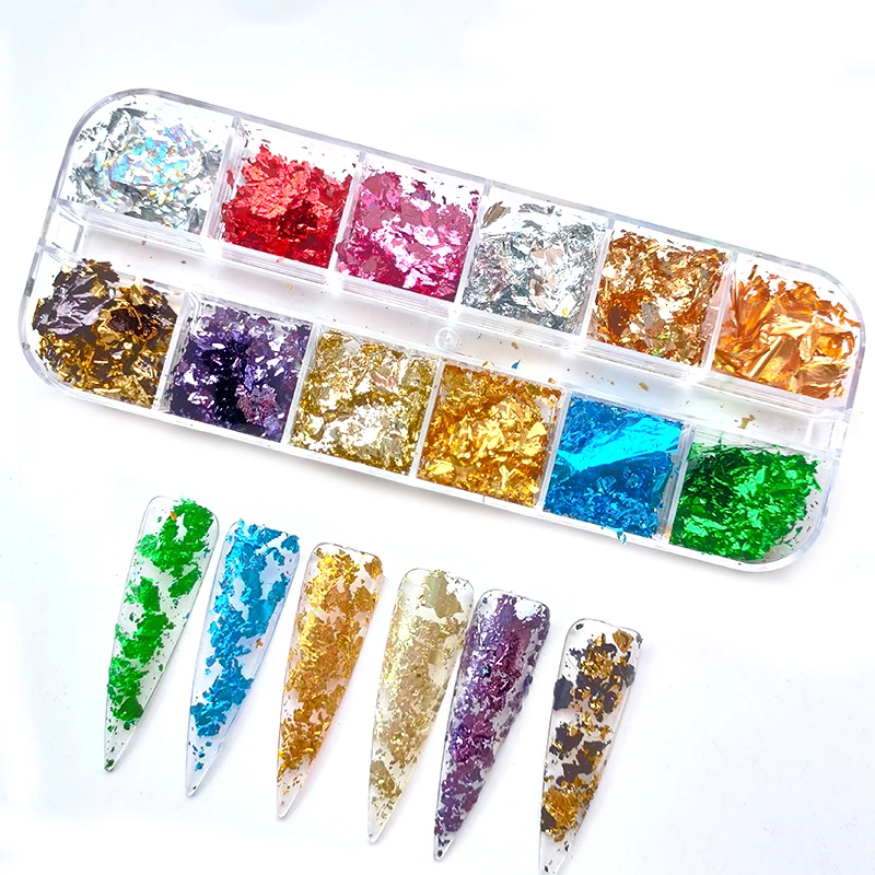 12 Grid colorful aluminum foils nail gold silver foil paper Sequins Nail Art Decoration Glitter Diy Nail
