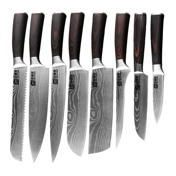 
Kitchen Knife Set 8&9 pcs of Stainless Steel Knives with wood Handle, blade surface Laser Damascus Pattern, easy to clean 