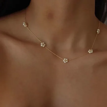 Zooying Daisy Flower Choker Pearl Beaded Necklace Tiny Pearl Choker Necklace Bridal Pearl Necklace