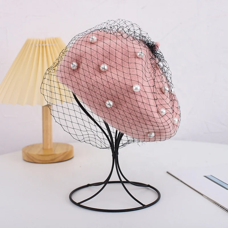 Wholesale fashion designer church girl brown 100% wool Gauze pearl school various colors french net beret hat cap