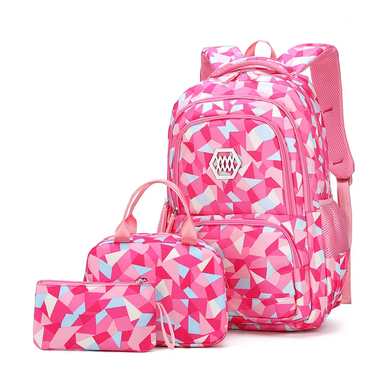 Large Capacity Three-Piece Set of Cartoon Geometric Pattern Schoolbag Junior High Backpack for Girls Primar
