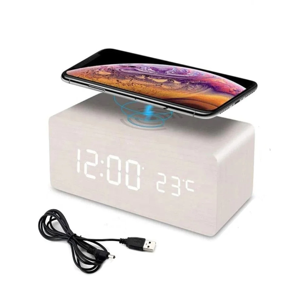 Eco-friendly Wooden Grain Portable 10w Qi Fast Charging Phone Charger Led Digital Alarm Clock