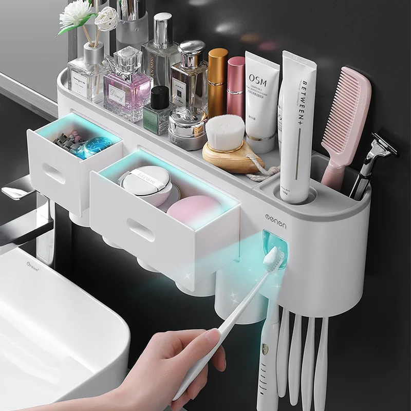 Multi-Functional Non-punching Creative Bathroom Toothbrush Rack For Gargling And Placing Cosmetics