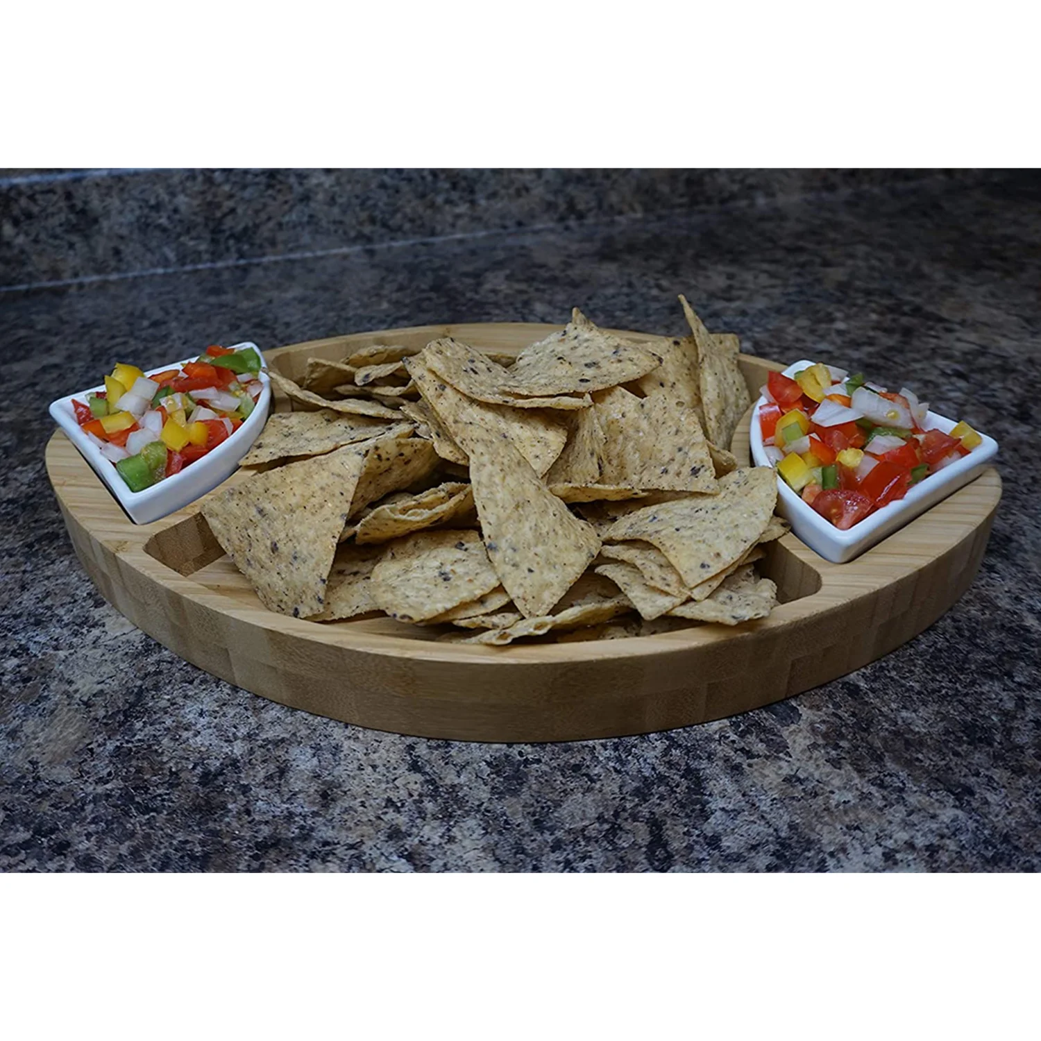 Wholesale Unique Football Shaped Bamboo Appetizer Serving Tray with 2 Dip Trays Large Chip Serving Dish