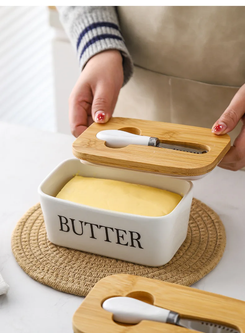 Personalized Custom Ceramic Butter Box Rectangle With Wooden Cover With Knife Home Restaurant Sealed Storage Box Butter Dish