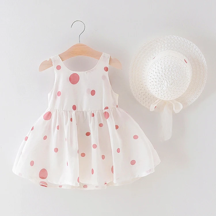 
Summer cute dot big bow sleeveless A-Line cotton infant toddlers clothing girls dresses with hat 