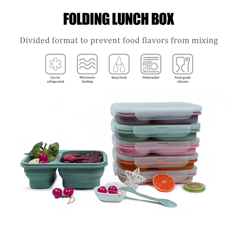 Adult Bento Lunch Box 2 Compartment Foldable Silicone Food Storage Containers Box Collapsible Lunchbox With Pp Lids No Bpa