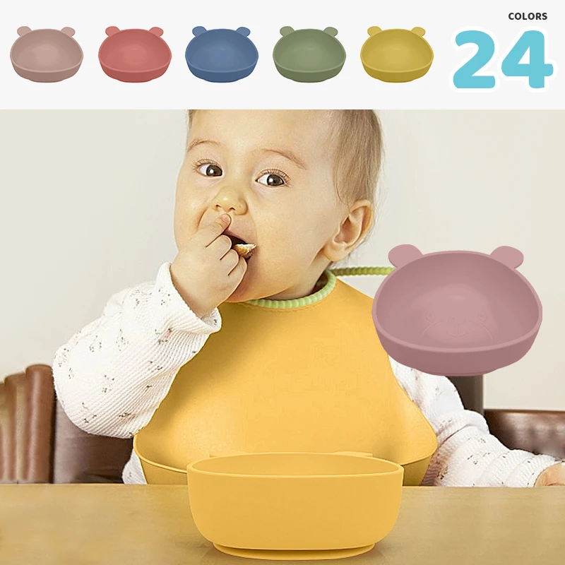 Pattern customization eco friendly solid color silicone bowl Food Grade Suction Silicone safety bear baby bowl
