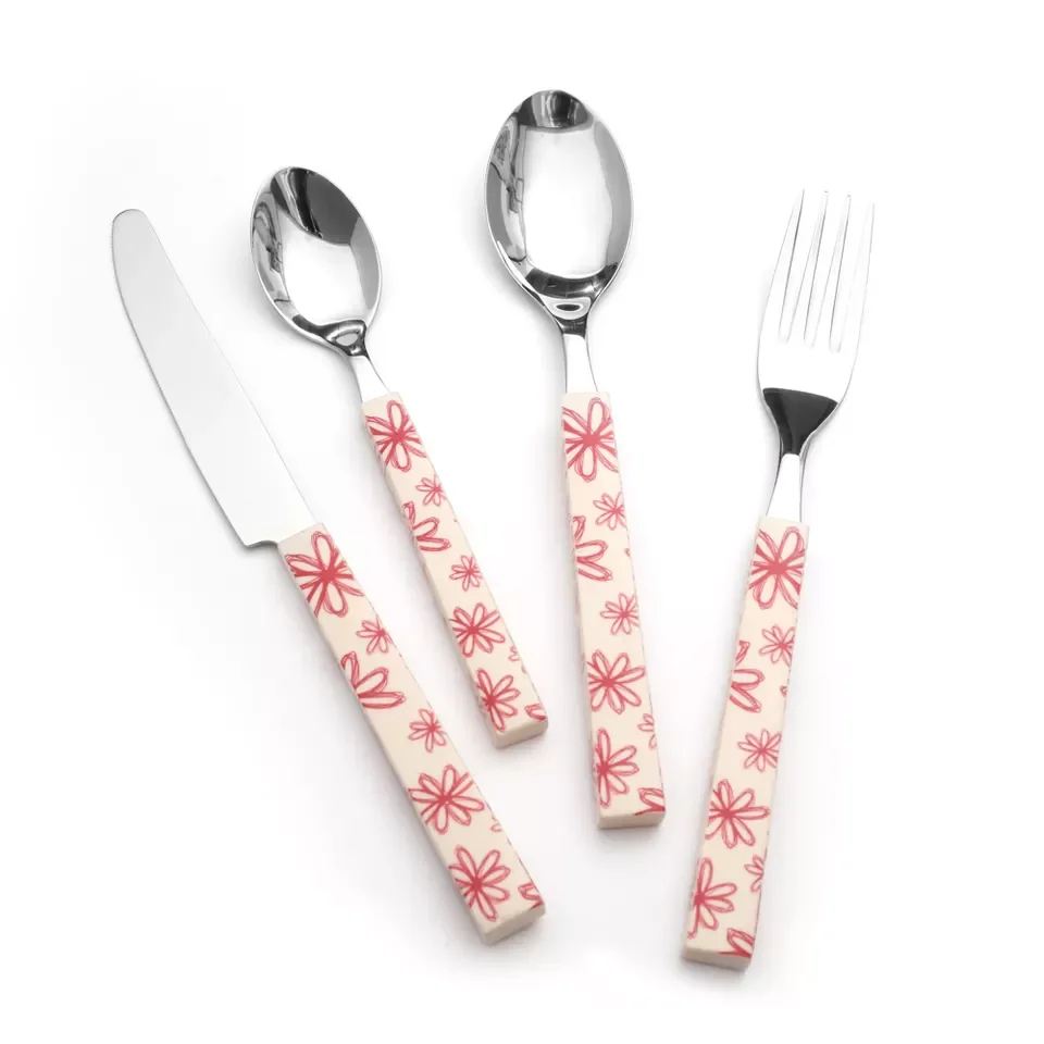 5pcs Flower Pattern PP Plastic Handle Stainless Steel Table Knife Fork Spoon Tea Spoon Flatware Set Cutlery Set