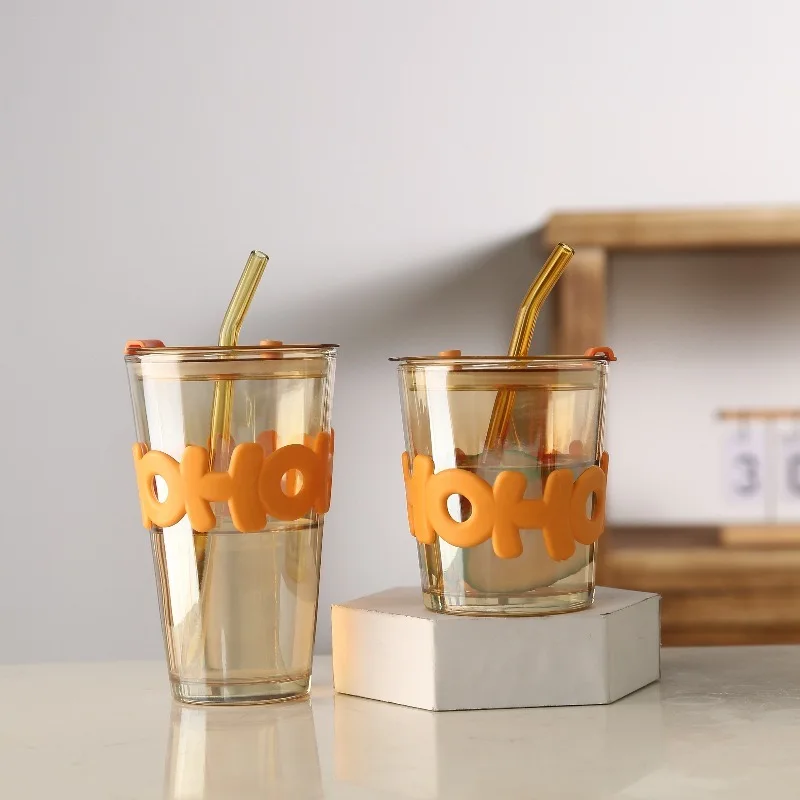Luxury Customized Design 350ml 450ml Tumbler Glass Cups With Straw Lid and colorful Sleeve Glass Beverage Drinking Cup Mugs