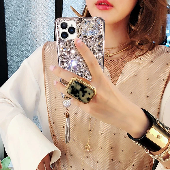 Aesthetics Trendy Bling Glitter Mobile Cell Phone Case Back Cover with Resin Diamond for iphone 6 7 8 x xs 11 12 13 mini pro max
