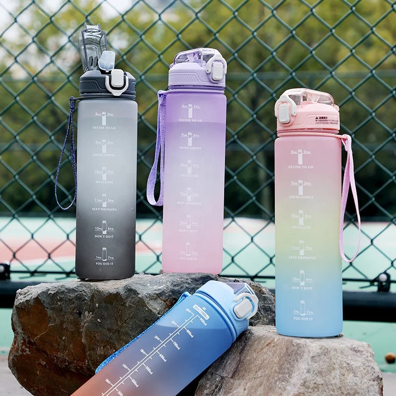 BPA Free 1L Sport Water Bottle with Straw Lock Cover Leakproof Time Markings Motivational Gym Accessory Unisex Outdoor Activity