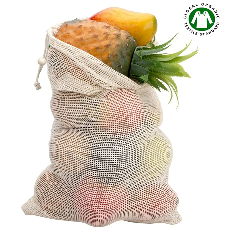 Reusable 100% Organic Cotton Mesh Produce Bags Vegetable Grocery Bags with Drawstring
