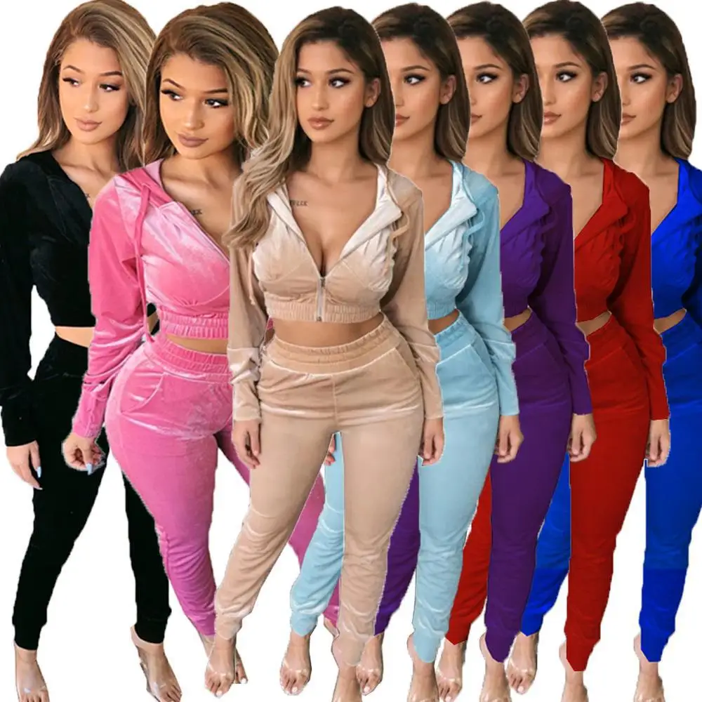 High-end Luxury Tracksuit for Women Stylish Gym Wear Jogging 2 Piece Set Velvet Pink Sweatsuits