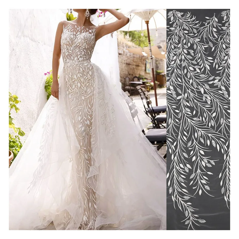 Leaf Branch Colour Custom Bridal Sexy Ivory White Exquisite Wedding Dress Design Sequin Tulle  Embroidery Lace Fabric