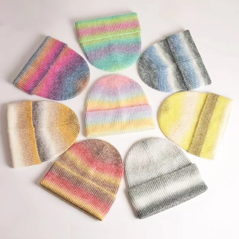 custom cute luxury warm knitted beanie blanks Winter cashmere bennie caps women gradient rainbow beanie hats with custom logo
