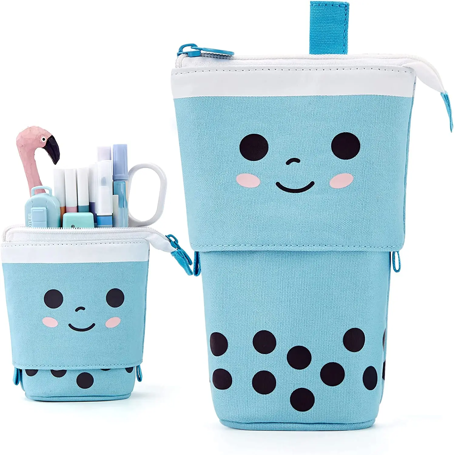 Cute Pencil Case Standing Pen Holder Telescopic Makeup Pouch Pop up Cosmetics Bag with Smile Face Stationery Case Office Zipper